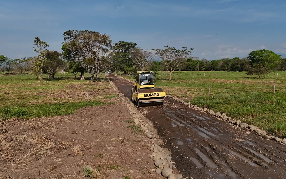 Compactadora trabajando sobre una de las vías internas del proyecto