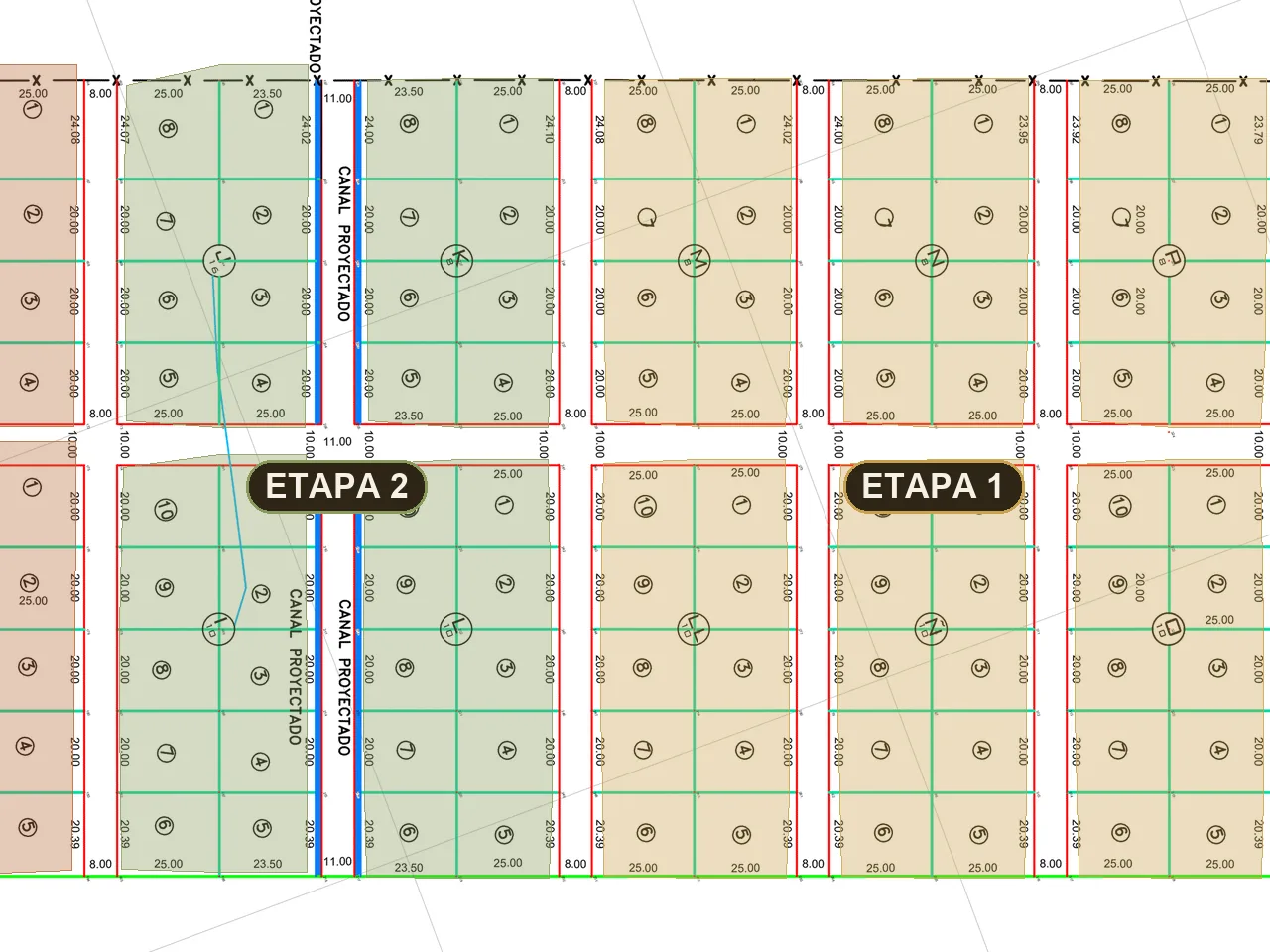 Plano de Prados del Llano con las etapas marcadas por color